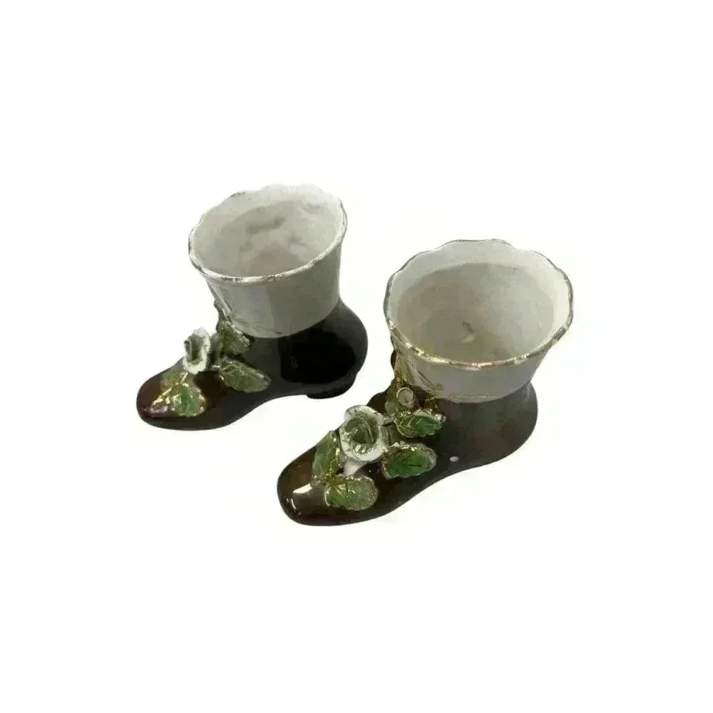 Set of Vintage Porcelain Miniature Shoe Vases Brown with Applied Flowers 3